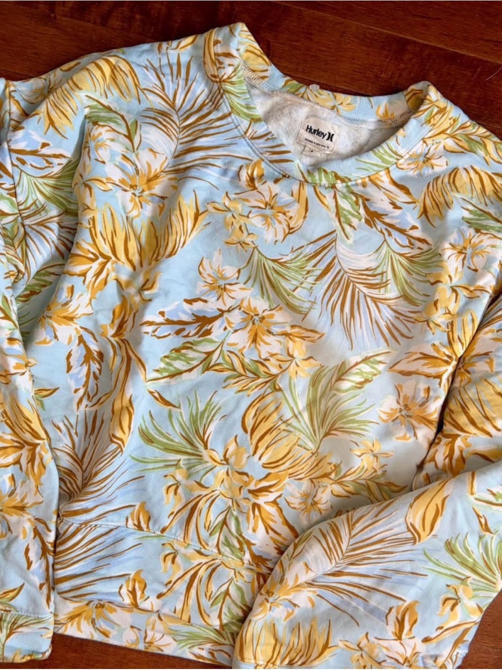 Hurley Light Blue Floral Crewneck Sweatshirt with Yellow & Green Print